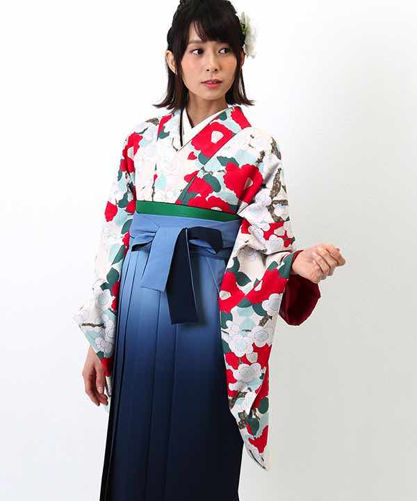 卒業式袴レンタル | 白地に梅と椿 暈し入り紺袴