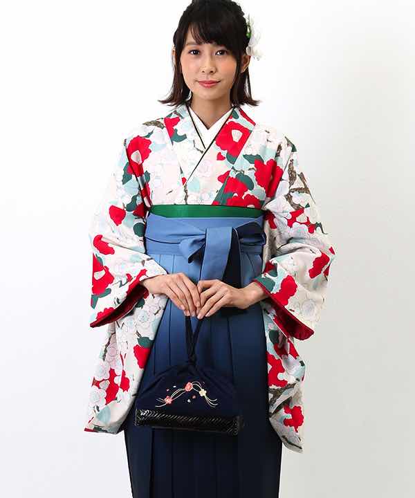卒業式袴レンタル | 白地に梅と椿 暈し入り紺袴