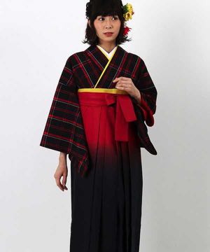 卒業式袴(アンティーク)  | 黒地に赤白チェック柄 赤黒暈し袴