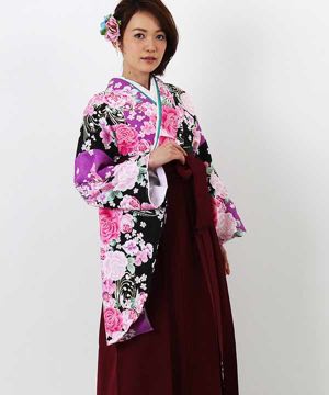 卒業式袴 | 紫×黒 薔薇と桜 刺繍入り臙脂袴