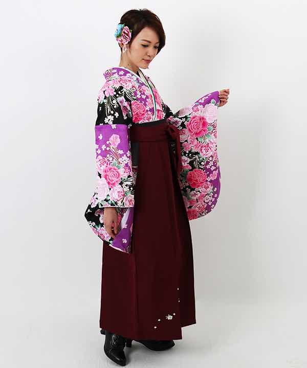 卒業式袴レンタル | 紫×黒 薔薇と桜 刺繍入り臙脂袴