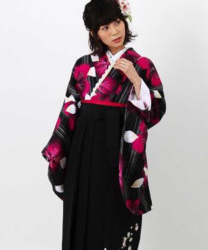卒業式袴 | 白縞と大輪の桜 刺繍入り黒袴