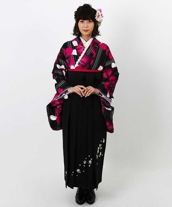 卒業式袴レンタル | 白縞と大輪の桜 刺繍入り黒袴