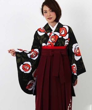 卒業式袴 | 黒地に薔薇 絞り調 刺繍入り臙脂袴