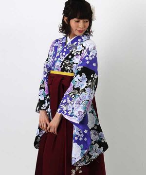 卒業式袴 | 青紫×黒 薔薇と桜 刺繍入り臙脂袴