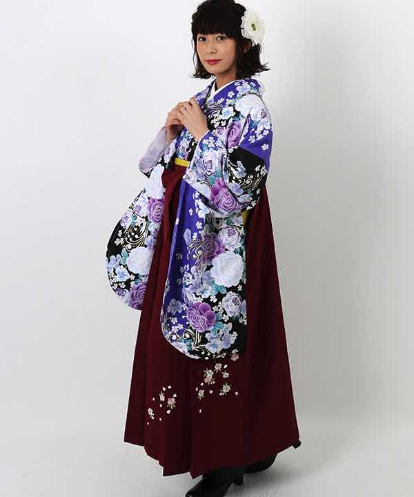 卒業式袴レンタル | 青紫×黒 薔薇と桜 刺繍入り臙脂袴