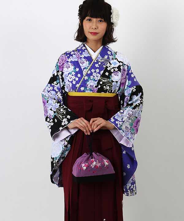 卒業式袴レンタル | 青紫×黒 薔薇と桜 刺繍入り臙脂袴