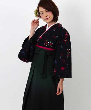 卒業式袴(アンティーク)  | 黒地に抽象記号 暈し入り濃緑袴