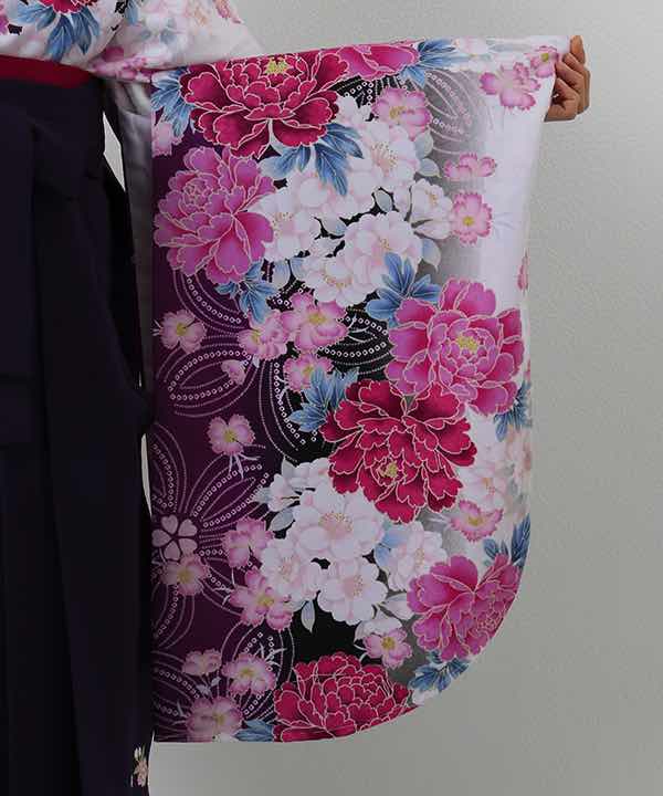 卒業式袴レンタル | 白地に牡丹と桜と二段暈し 刺繍入り紫袴