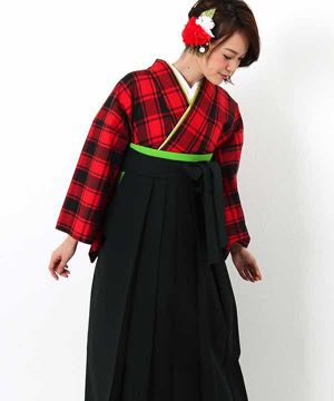 卒業式袴(アンティーク)  | 赤地に黒格子縞 濃緑袴