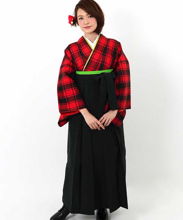 卒業式袴(アンティーク) レンタル | 赤地に黒格子縞 濃緑袴