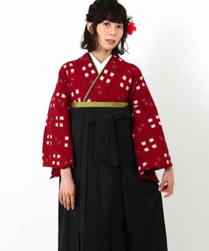 卒業式袴(アンティーク)  | 赤地に白の四角柄絣 黒袴