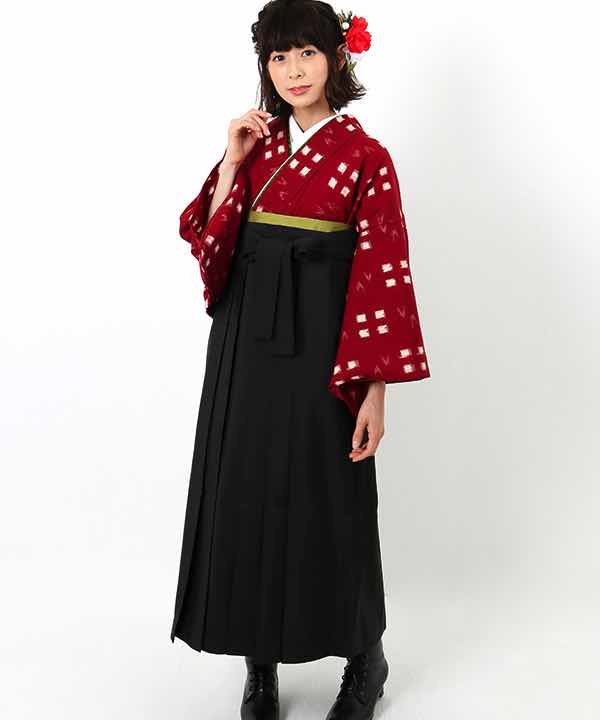 卒業式袴(アンティーク) レンタル | 赤地に白の四角柄絣 黒袴