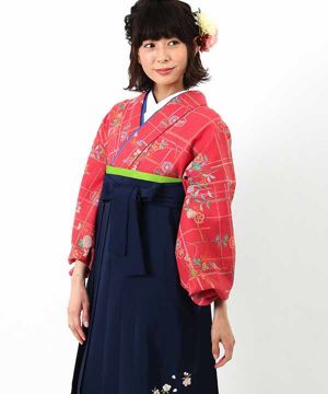 卒業式袴(アンティーク)  | 濃ピンク地に井桁と菊と亀甲文様 刺繍入り紺袴
