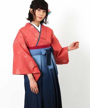 卒業式袴(アンティーク) | 濃ピンク地に花と菱文 暈し入り紺袴