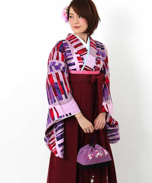 卒業式袴レンタル | 薄紫地に紫と赤のアクセント 刺繍入り臙脂袴