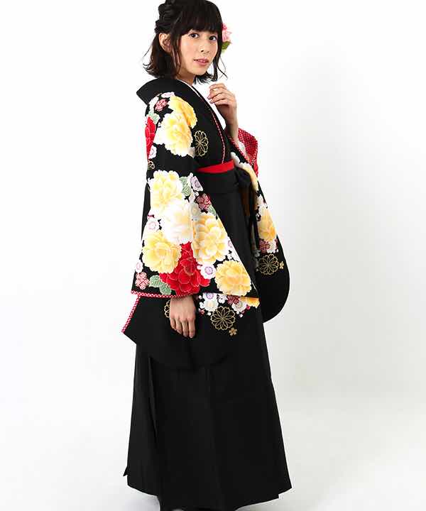 卒業式袴レンタル | 黒地に二色牡丹と桜 黒袴