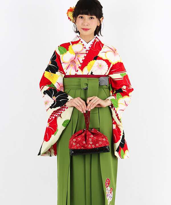 卒業式袴レンタル | 赤白変則ストライプと花々 抹茶色袴 | hataori 