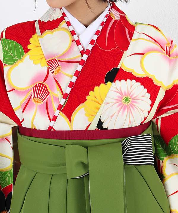卒業式袴レンタル | 赤白変則ストライプと花々 抹茶色袴