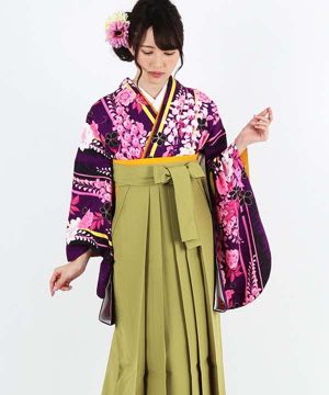 卒業式袴 | 紫地に黄×ピンクストライプ 藤と桜 鶯色袴