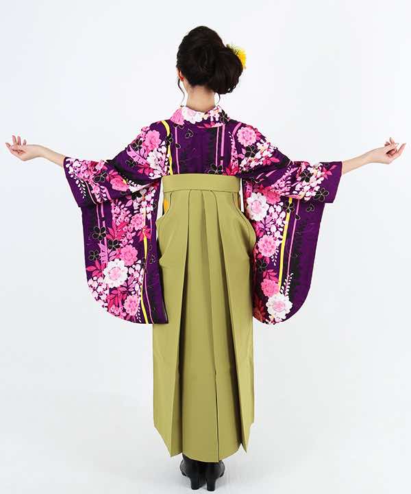 卒業式袴レンタル | 紫地に黄×ピンクストライプ 藤と桜 鶯色袴