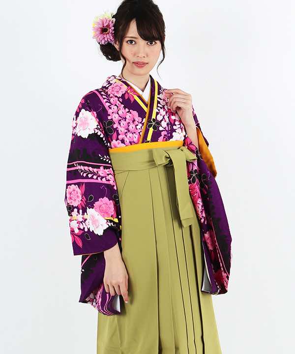 卒業式袴レンタル | 紫地に黄×ピンクストライプ 藤と桜 鶯色袴