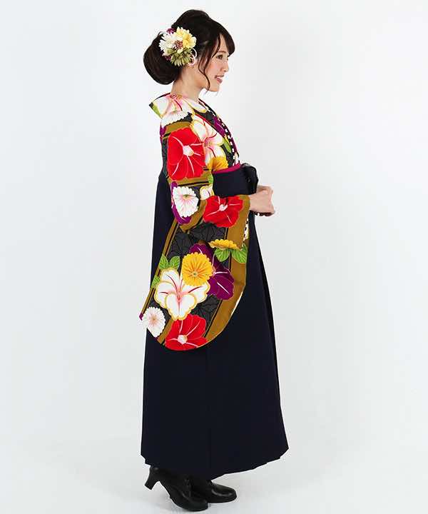 卒業式袴レンタル | 辛子色地に絞り調黒縞と花々 紺袴 (Lサイズ)