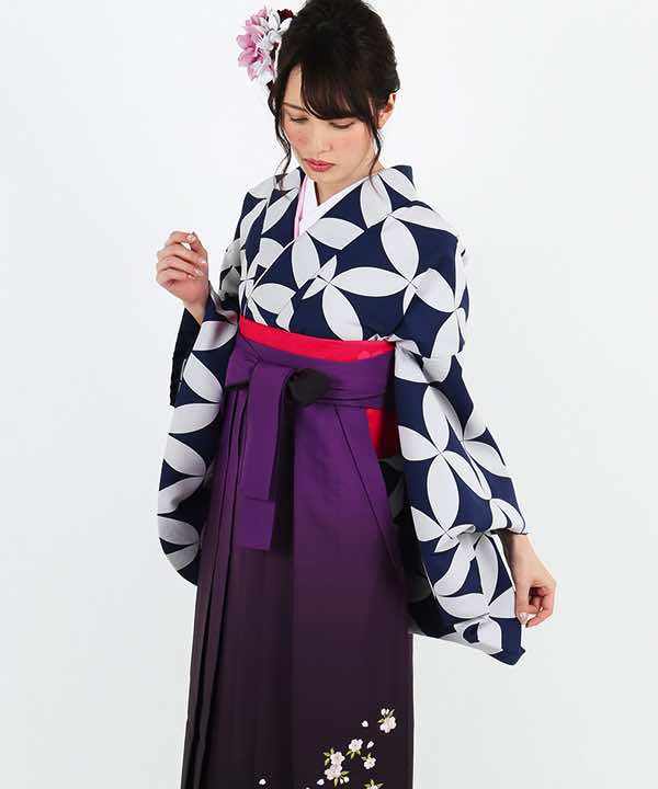 卒業式袴レンタル | 紺地に白の七宝文様 暈し入り濃紫袴
