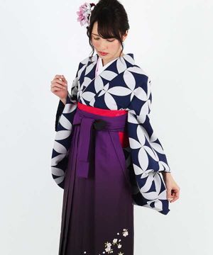 卒業式袴 | 紺地に白の七宝文様 暈し入り濃紫袴