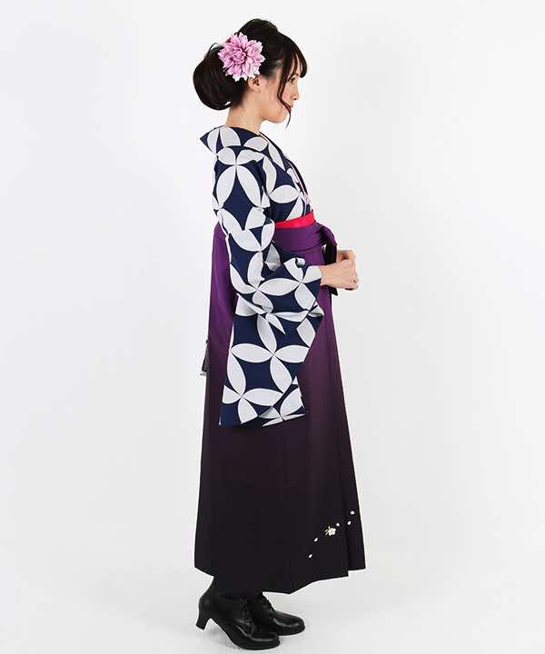 卒業式袴レンタル | 紺地に白の七宝文様 暈し入り濃紫袴