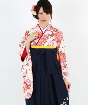 卒業式袴 | クリーム地に満開の花々 刺繍入り濃紺袴