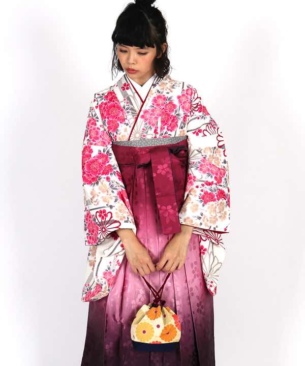 卒業式袴レンタル | 白地に菊と八重桜 桜地紋入りグラデーション紫袴
