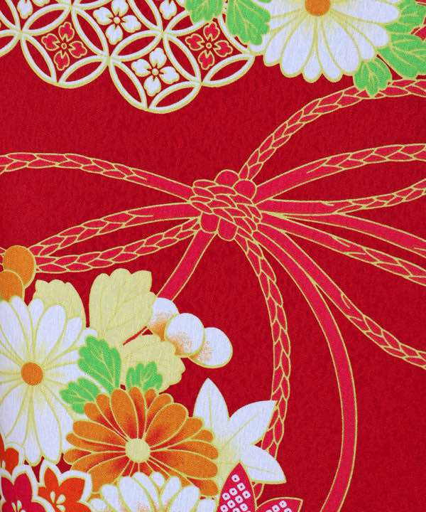 卒業式袴レンタル | 赤地に花丸文と水引 七宝文 刺繍入りクリーム袴