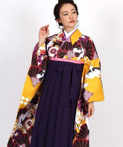 卒業式袴 | 黄色地に菊と鶴 刺繍入り紫袴