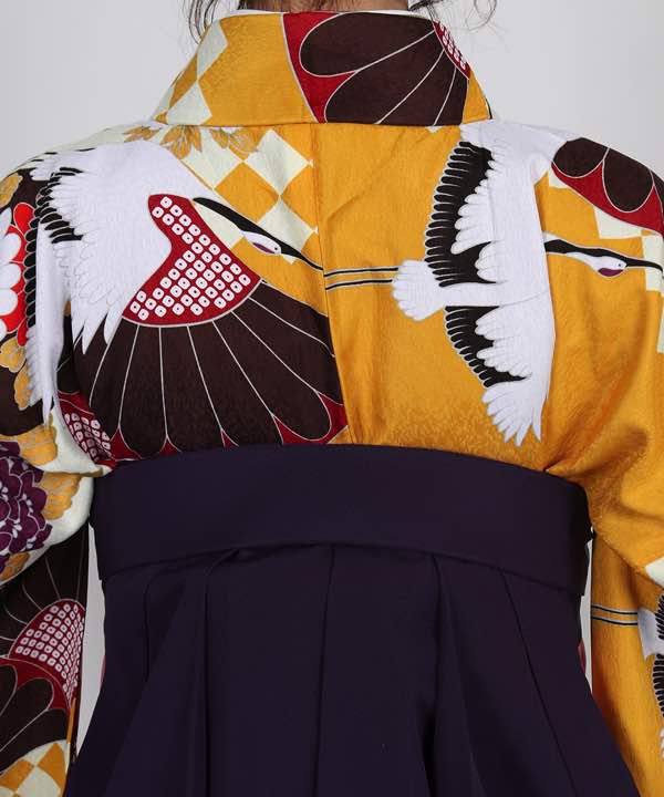 卒業式袴レンタル | 黄色地に菊と鶴 刺繍入り紫袴