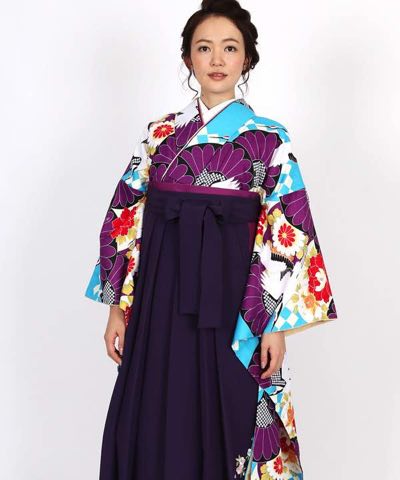 卒業式袴 | 水色地に菊と鶴 刺繍入り紫袴