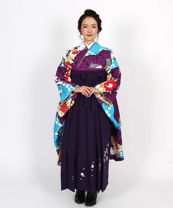 卒業式袴レンタル | 水色地に菊と鶴 刺繍入り紫袴