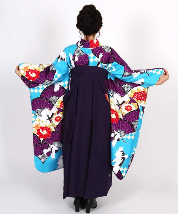 卒業式袴レンタル | 水色地に菊と鶴 刺繍入り紫袴