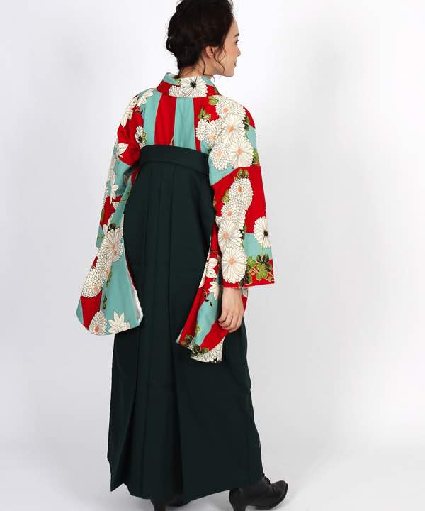 卒業式袴レンタル | 水色地に赤 菊と紅葉  花束文の深緑袴