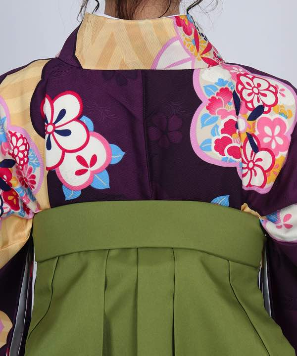 卒業式袴レンタル | 紫地にねじ梅と橘に青海波 黄緑×緑袴