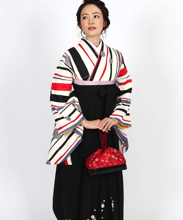 卒業式袴レンタル | 白地に三色の縞文様と水玉 刺繍入り黒袴