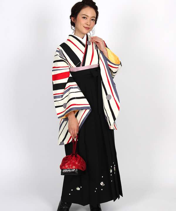 卒業式袴レンタル | 白地に三色の縞文様と水玉 刺繍入り黒袴