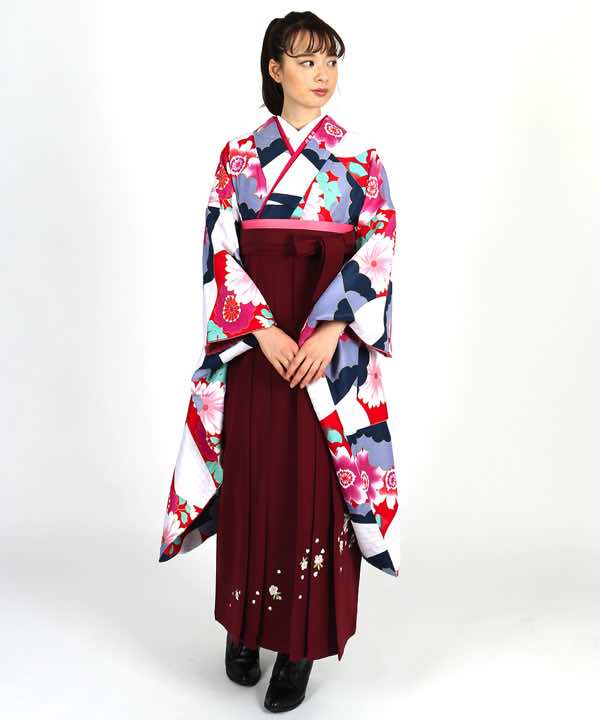 卒業式袴レンタル | 赤地に段替り花模様 花刺繍の臙脂袴
