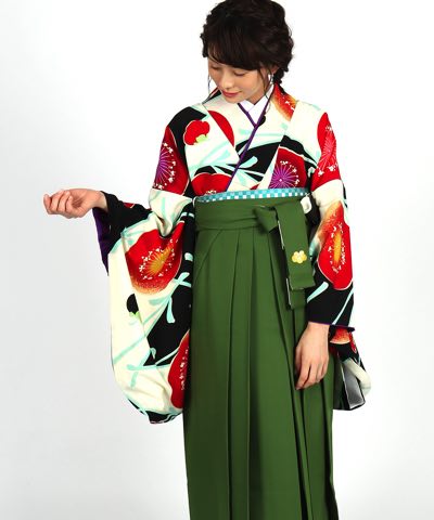 卒業式袴 | 黒×白 赤梅 エメラルドグリーン袴