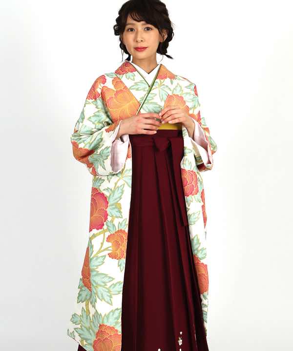 卒業式袴レンタル | クリーム地に朱色牡丹 桜刺繍の臙脂袴