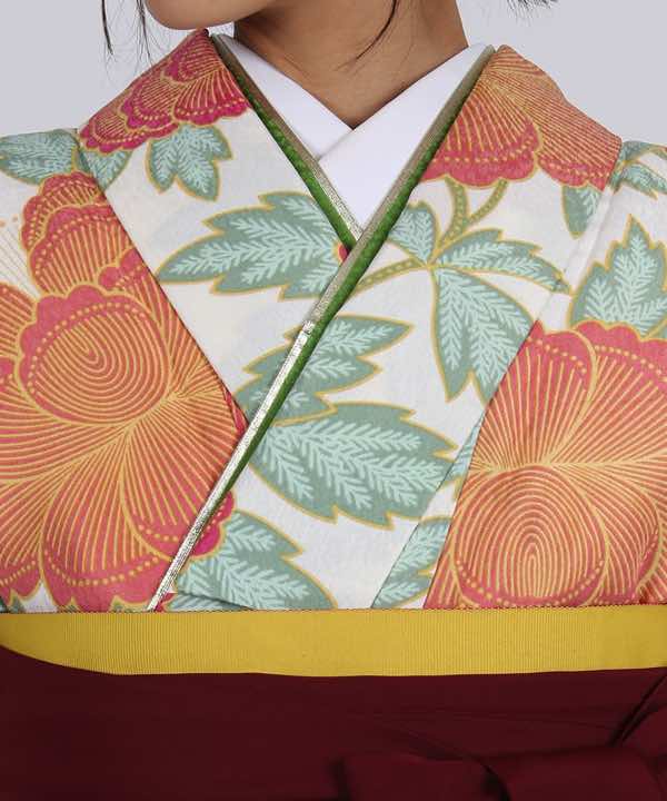 卒業式袴レンタル | クリーム地に朱色牡丹 桜刺繍の臙脂袴 | hataori 