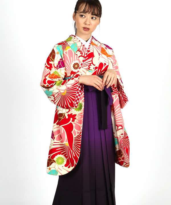 卒業式袴レンタル | 赤×ピンク 鶴と菊重ね 紫濃暈し袴