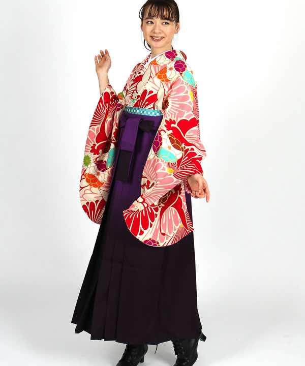 卒業式袴レンタル | 赤×ピンク 鶴と菊重ね 紫濃暈し袴