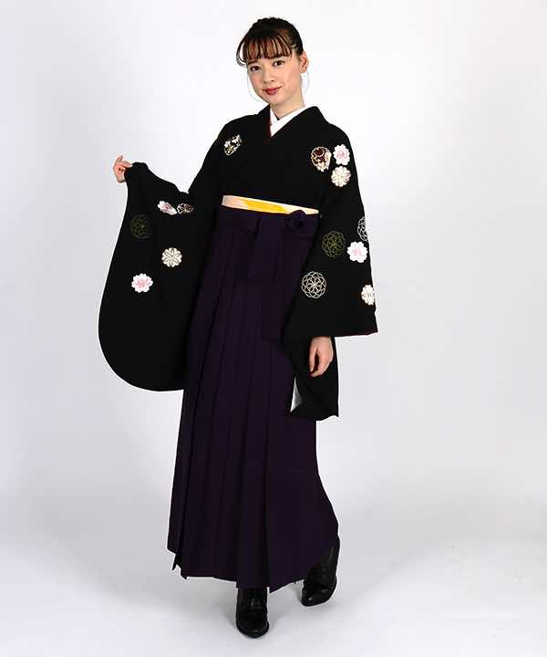卒業式袴レンタル | 黒地に桜と花丸文 紫袴