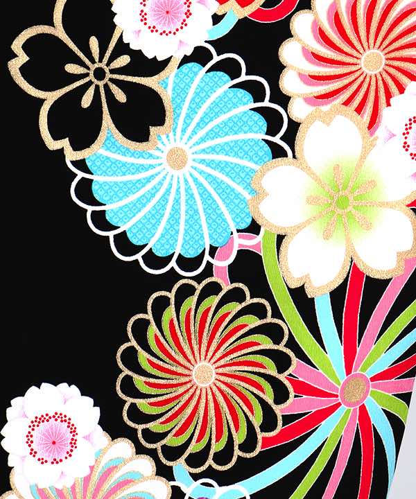 卒業式袴レンタル | 黒地に菊モチーフと桜 花束刺繍の赤袴